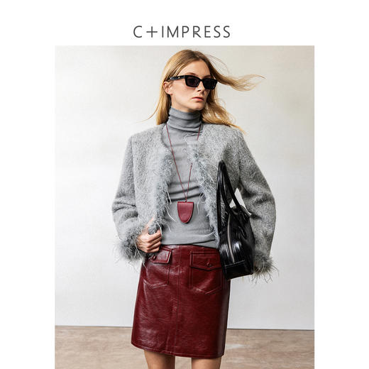 西嘉鸵鸟毛装饰格雷千金风羊毛夹克外套2024冬新(货号:WT2404012) 商品图0