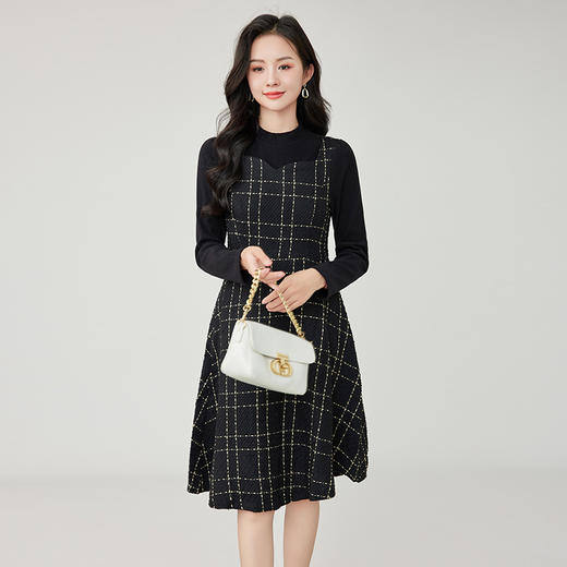 奢姿2024年冬季新款大码女装减龄格纹拼接连衣裙胖妹妹时尚裙子 商品图2