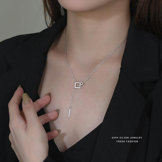 【环环相扣】S999银方形流苏冷淡风项链【YXS-A3749】 商品图2