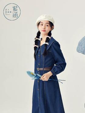 【内购会】紫涵翻领收腰牛仔连衣裙女休闲显瘦单排扣A字中长裙子