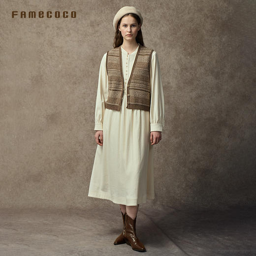 Famecoco范可儿复古绵羊毛提花V领针织马甲FAC8CA003 商品图2