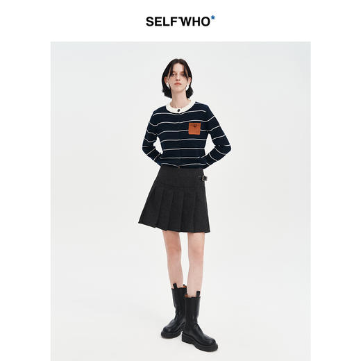 SELFWHO羊毛混纺灰色百褶短裙女2024秋冬一体式腰带设计a字半身裙 商品图1