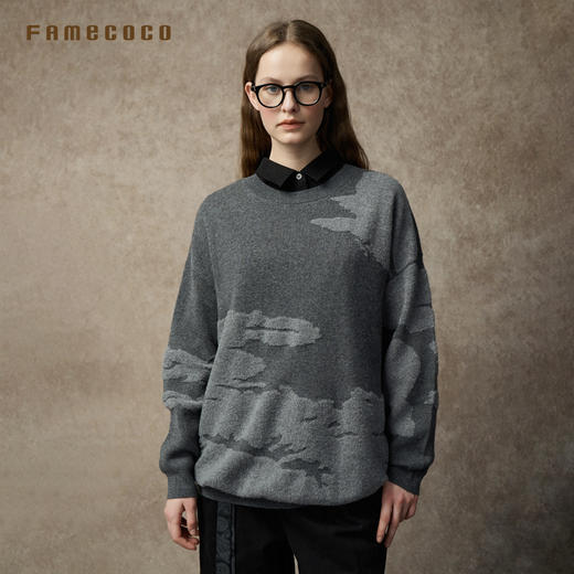 Famecoco范可儿落肩圆领套头钩花羊毛衫FAC8DB008 商品图3