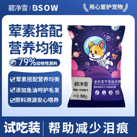 碧净雪狗粮2包试吃装   每包50g  为了保证活动公平，每人限参加一次 同个ip/同个地址/相近地址/虚构收货信息/多账号购买等批量异常下单，店铺有权对异常订单不发货且取消活动资格