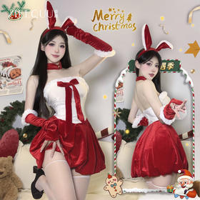 【圣诞战袍，辣妹兔女郎】姿趣金丝绒圣诞款性感兔女郎，上身秒变小腰精，角色扮演网红新年战袍舞台表演服QQ