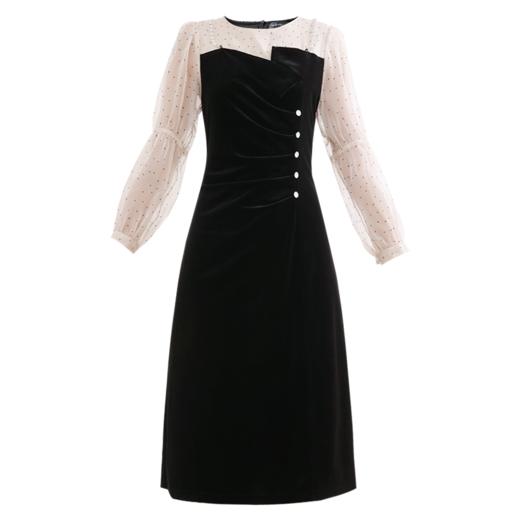 未风黑色丝绒拼接连衣裙女秋冬2024年冬季新款假两件气质内搭裙子 商品图3