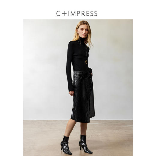 西嘉经典高智感轻解构主义斜门襟皮半裙2024冬新 商品图2