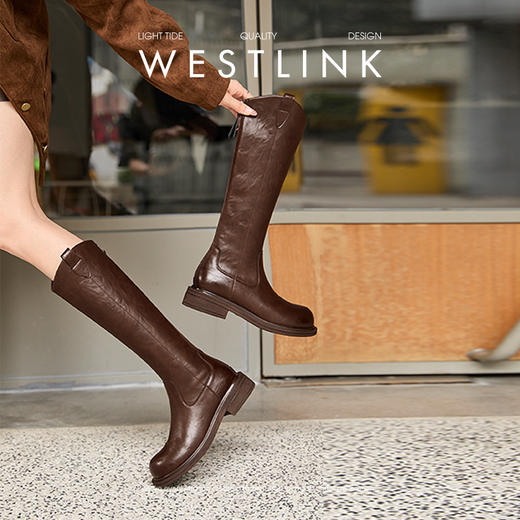 西遇粗跟长筒靴女加绒新款冬季V口骑士靴显瘦黑色高筒长靴子D0047822 商品图2