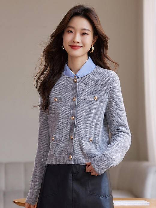 【年终特卖】熙世界小香风复古红色毛衣开衫女2025秋冬新款时尚银丝针织短外套 商品图3