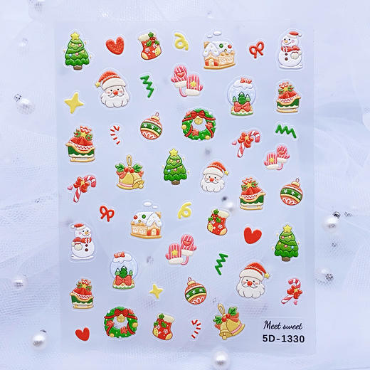 【9.9抢！圣诞快乐浮雕贴纸】姜饼人麋鹿铃铛5D浮雕美甲圣诞，圣诞老人美甲贴纸手绘雪花指甲贴QQ直播引流品 商品图4