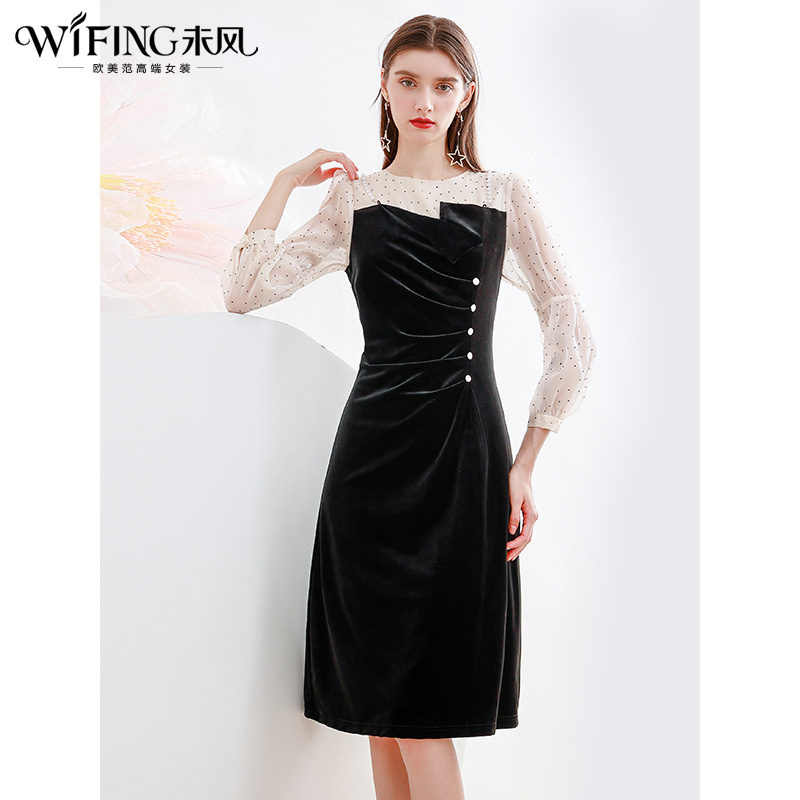 未风黑色丝绒拼接连衣裙女秋冬2024年冬季新款假两件气质内搭裙子