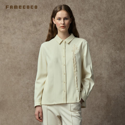 Famecoco范可儿绣花磨毛斜纹衬衣宽松直身慵懒风衬衫简约新中式FAC8BH011 商品图0