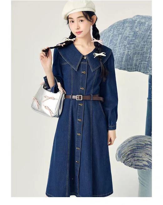 【内购会】紫涵翻领收腰牛仔连衣裙女休闲显瘦单排扣A字中长裙子 商品图1