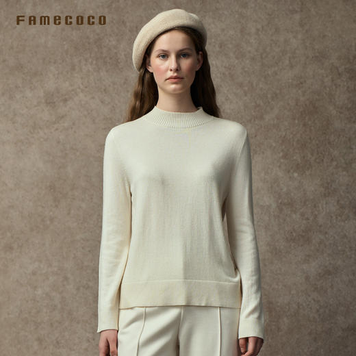 Famecoco范可儿纯色螺纹半高领长袖套头毛衣H版型圆领简约羊毛衫FAC8DB009 商品图2
