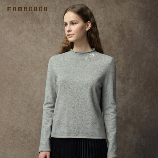 Famecoco范可儿卷边半高领绵羊毛混纺针织衫FAC8DC002 商品图3