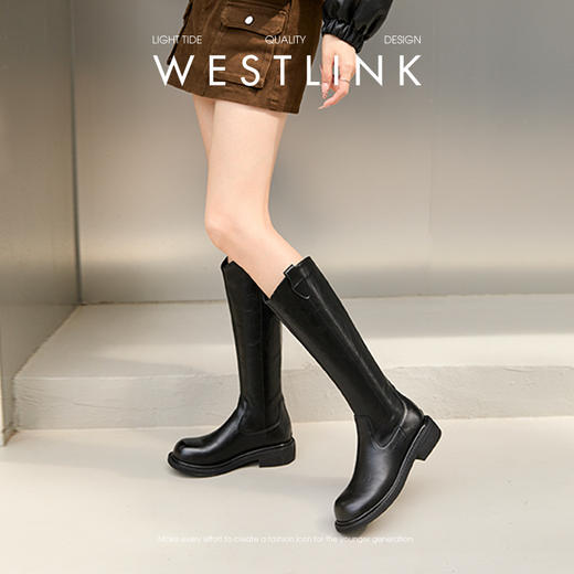西遇粗跟长筒靴女加绒新款冬季V口骑士靴显瘦黑色高筒长靴子D0047822 商品图1
