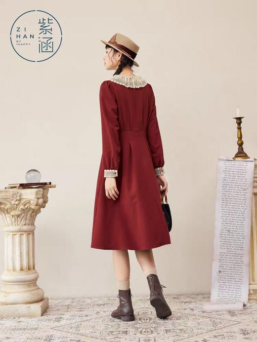 【内购会】紫涵蕾丝花边圆领长袖连衣裙女收腰显瘦A字中长裙子 商品图1