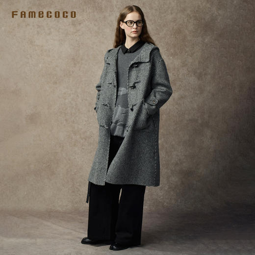 Famecoco范可儿牛角扣连帽双面呢羊毛大衣FAC8AQ016 商品图4