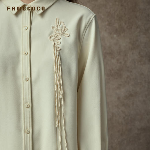 Famecoco范可儿绣花磨毛斜纹衬衣宽松直身慵懒风衬衫简约新中式FAC8BH011 商品图3