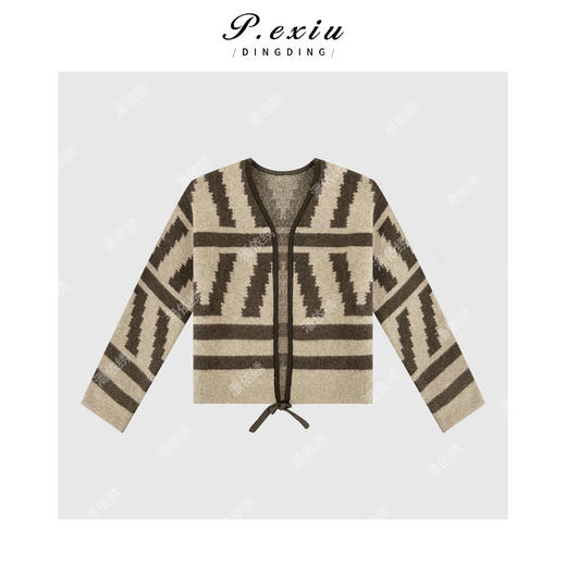 PanYiXiu/潘依绣羊-毛复古撞色提花V领长袖针织上衣 D395 商品图1