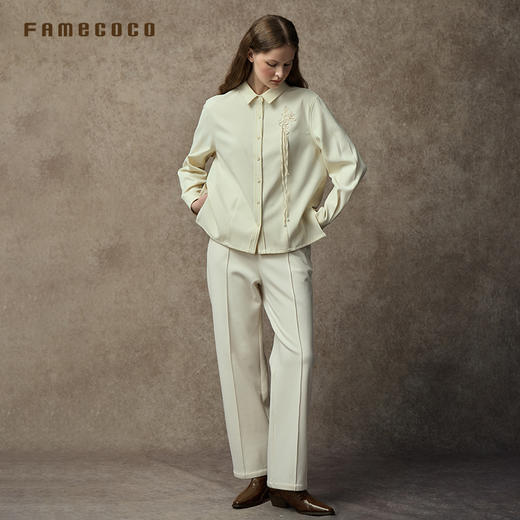 Famecoco范可儿绣花磨毛斜纹衬衣宽松直身慵懒风衬衫简约新中式FAC8BH011 商品图4