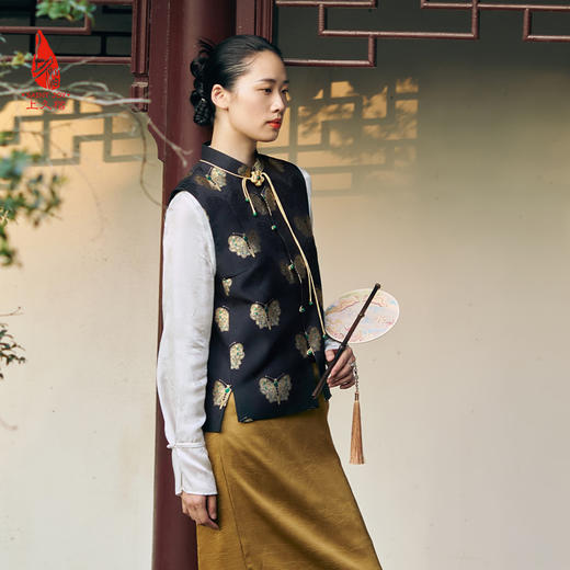 SAINTJOY/上久楷 女式宋锦马甲 中式上衣 中国风 复古 黑金蝴蝶 黑金绿 CY1044207005 商品图2