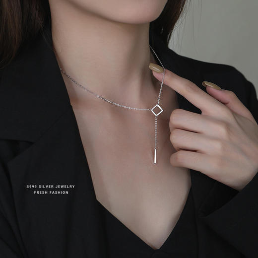【环环相扣】S999银方形流苏冷淡风项链【YXS-A3749】 商品图3