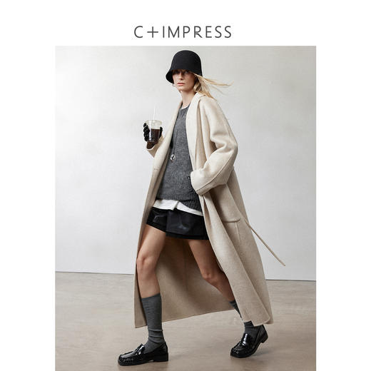 松弛感牦牛绒桑蚕丝羊毛混纺时髦抽绳浴袍式大衣2024冬新DY2404002 商品图0