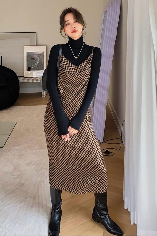 ANSUABEL 棋盘格荡领吊带连衣裙套装 14169 商品图0