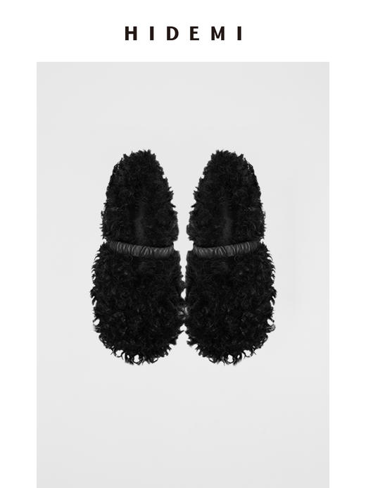 HIDEMI 设计感皮草卷毛玛丽珍极简小羊皮平底鞋 肉桂粉/黑色 商品图1