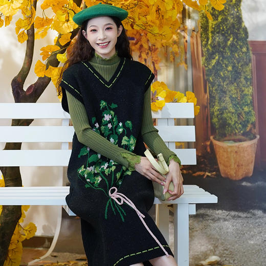 两三事 幽夜绿野 2024冬季新款复古撞色绣线花色无袖毛衣裙连衣裙 商品图1