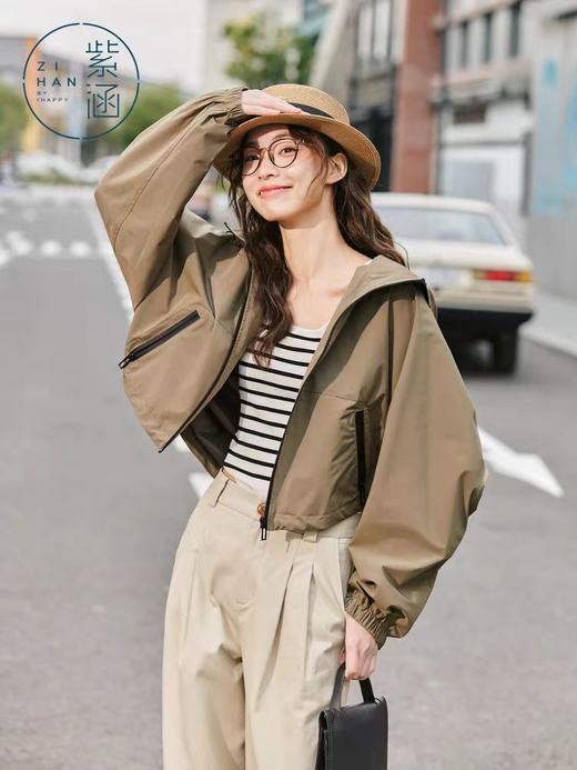 【内购会】紫涵连帽拉链防风短外套女简约通勤小个子宽松夹克上衣 商品图1