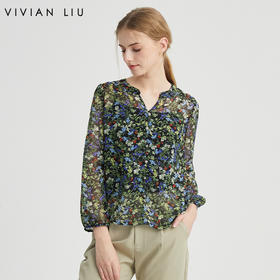 VIVIAN LIU R2423003春女装新款V领印花配内搭吊带长袖上衣