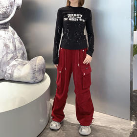 ZB1抽绳绒面工装阔腿裤40915（黑红） 冬季 944010220321