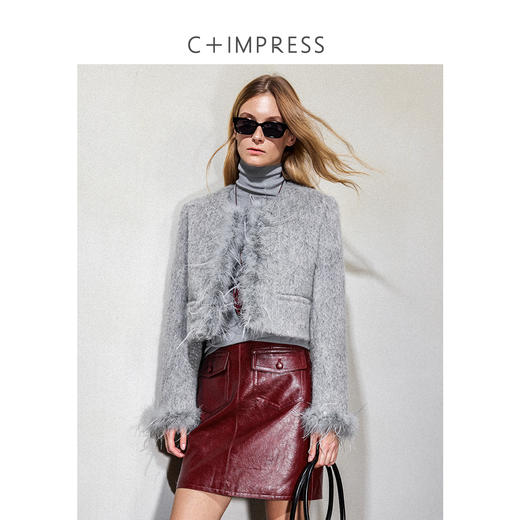 西嘉鸵鸟毛装饰格雷千金风羊毛夹克外套2024冬新(货号:WT2404012) 商品图2