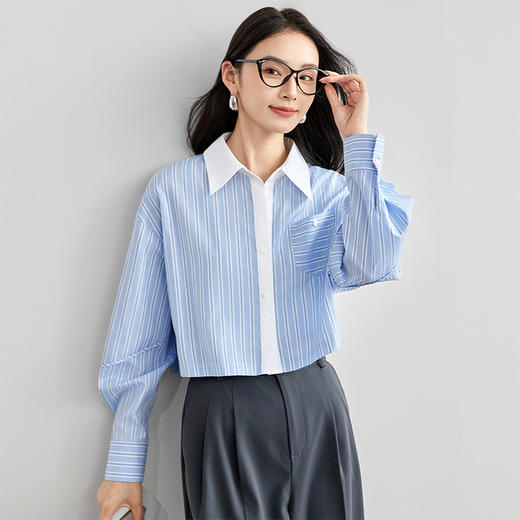 【内购】时尚通勤撞色翻领单排扣捏褶袖子单一口袋短款落肩衬衫-58084 商品图2