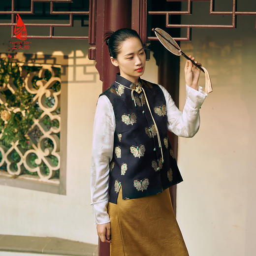 SAINTJOY/上久楷 女式宋锦马甲 中式上衣 中国风 复古 黑金蝴蝶 黑金绿 CY1044207005 商品图1