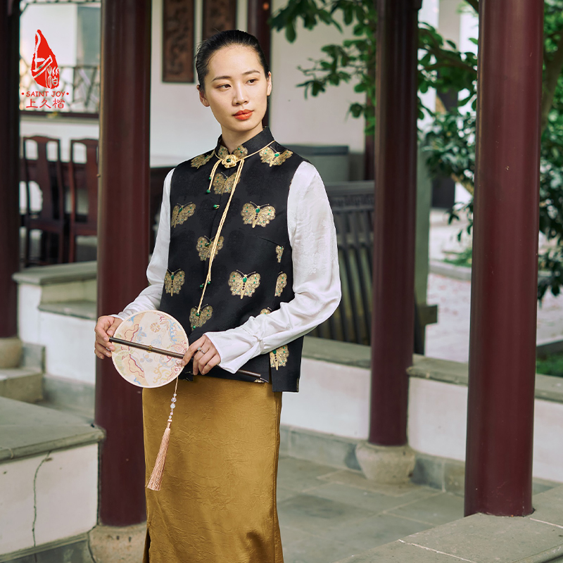 SAINTJOY/上久楷 女式宋锦马甲 中式上衣 中国风 复古 黑金蝴蝶 黑金绿 CY1044207005