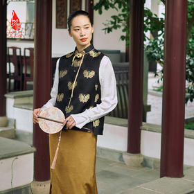 SAINTJOY/上久楷 女式宋锦马甲 中式上衣 中国风 复古 黑金蝴蝶 黑金绿 CY1044207005