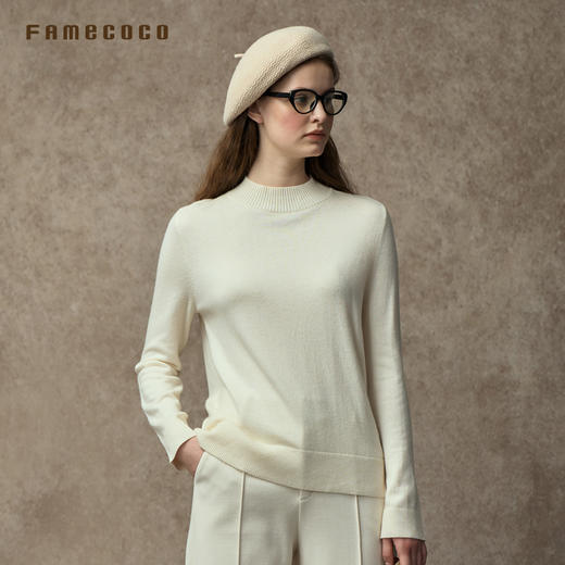 Famecoco范可儿纯色螺纹半高领长袖套头毛衣H版型圆领简约羊毛衫FAC8DB009 商品图3