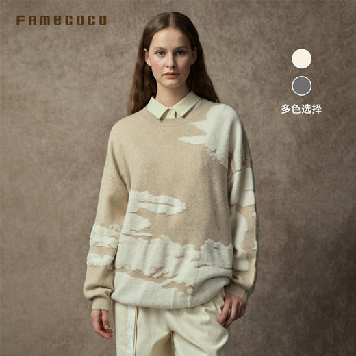 Famecoco范可儿落肩圆领套头钩花羊毛衫FAC8DB008 商品图0