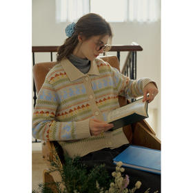 SimpleRetro浅雪森林 兔子提花费尔岛羊毛针织开衫女慵懒翻领毛衣