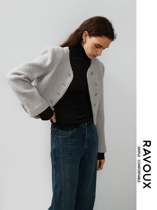 264419906弧形下摆羊毛混纺短款外套 商品图4