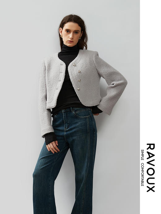 264419906弧形下摆羊毛混纺短款外套 商品图0