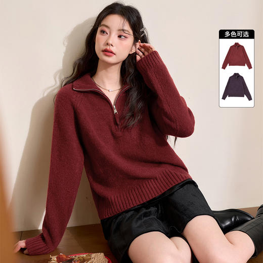西遇短款立领半拉链毛衣女冬季新款简约设计感百搭针织衫D0043996 商品图0