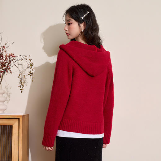 西遇双拉链连帽开衫外套女冬季新款慵懒风简约纯色百搭毛衣D0043976 商品图4