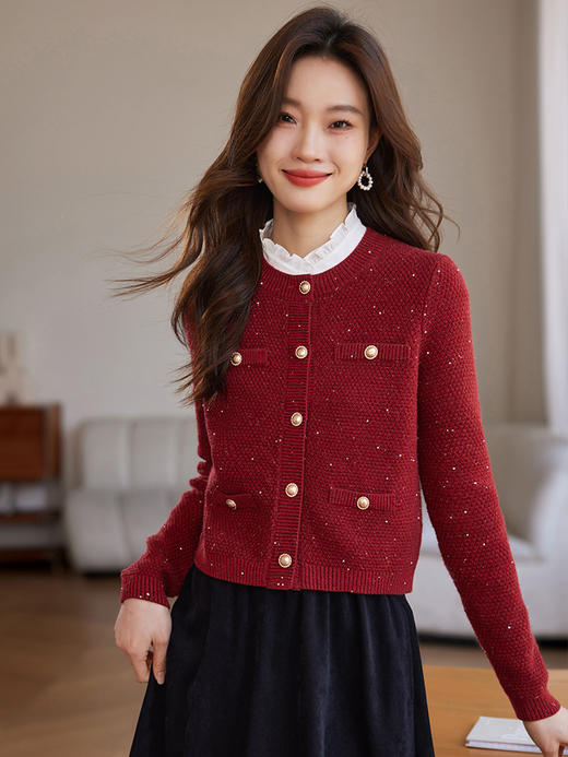 【年终特卖】熙世界小香风复古红色毛衣开衫女2025秋冬新款时尚银丝针织短外套 商品图1