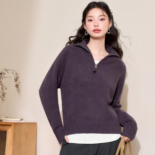 西遇短款立领半拉链毛衣女冬季新款简约设计感百搭针织衫D0043996 商品图3