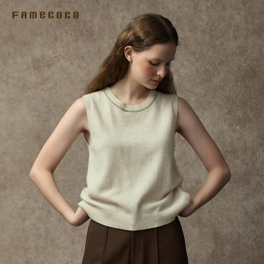 Famecoco范可儿经典奢感绵羊毛混纺圆领无袖背心简约羊毛针织吊带FAC8CA010 商品图2