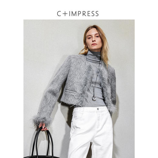 西嘉鸵鸟毛装饰格雷千金风羊毛夹克外套2024冬新(货号:WT2404012) 商品图3